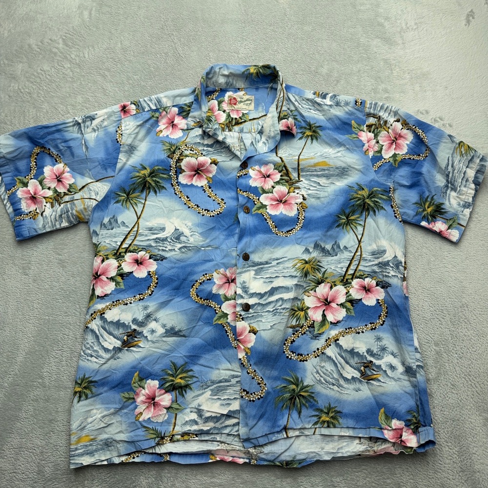 Hilo Hattie Shirt Mens L Blue Hawaiian Original Surfer Hibiscus Floral Aloha